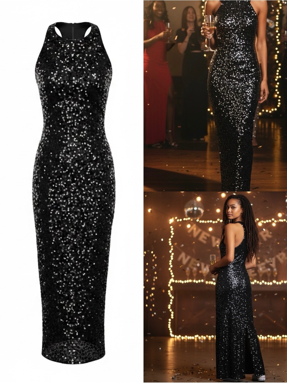 Vintage Laurence Kazar Black Sequin Silk Halter Maxi Dress Size P